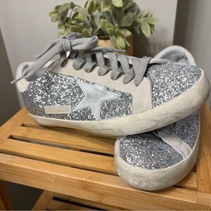 Golden Goose Silver Glitter Low-Top Star Sneakers